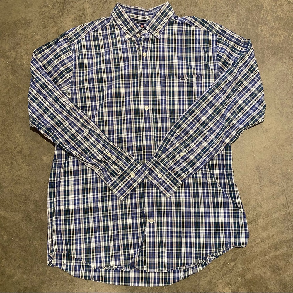 Vineyard Vines Sz Large Blue Green Plaid Cotton Slim Fit Tucker Shirt Button Up